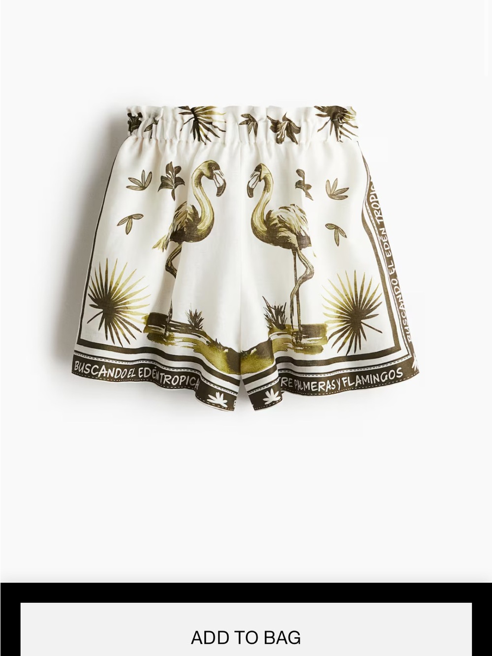 H&M Line. White Shorts with Olive Flamingo Print